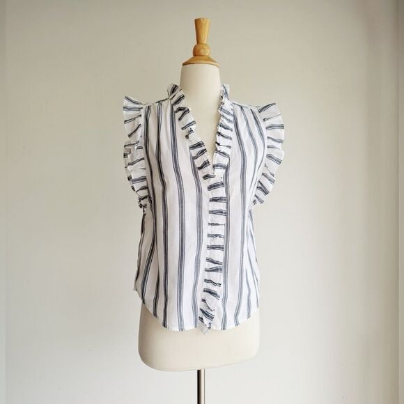 FRAME Lauren White and Blue Striped Ruffle Cotton Blouse Small - Picture 1 of 4
